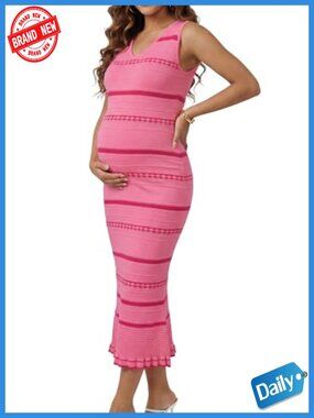Silky Viscose Stretchy Striped Bodycon Midi Maternity Dress